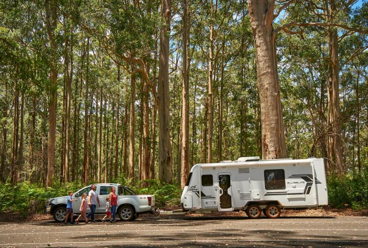 Familie mit ihrem Auto und Wohnwagen in Pemberton © Frances Andrijich, Tourism Western Australia