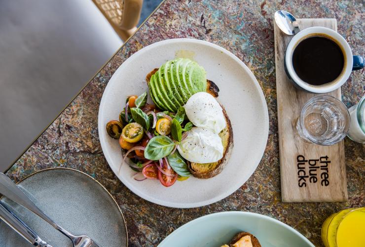 Avocado and poached eggs on toast at Three Blue Ducks, Bronte, New South Wales © Destination NSW