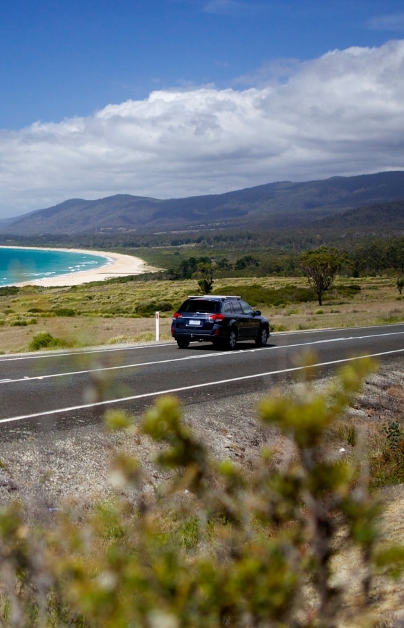 ラグーンズ・ビーチ保護区の海沿いの道路を走る車 © Pete Harmsen/Tourism Tasmania