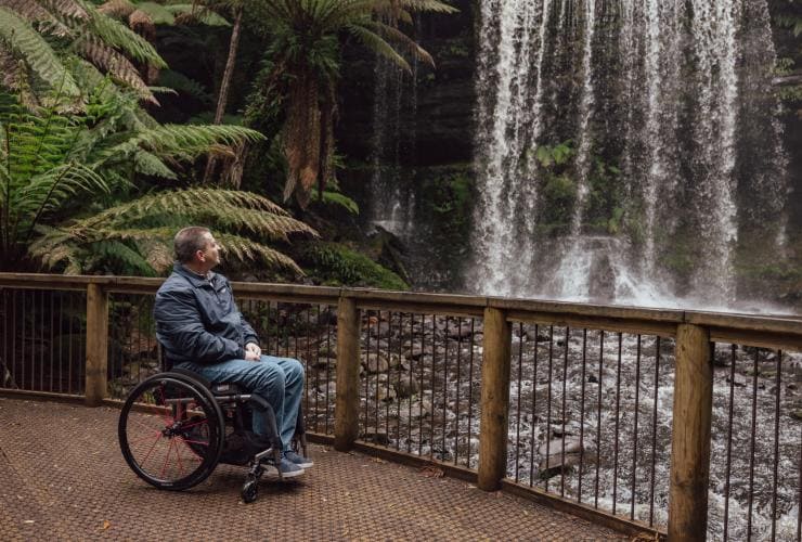 タスマニア州、フィールド山国立公園、ラッセル滝を眺める車椅子の男性 © Dearna Bond