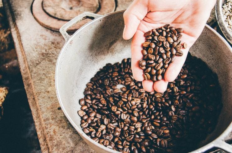 西オーストラリア州、デンマーク、レイヴン・コーヒー、茶色のコーヒー豆が入ったバケツとひと握りのコーヒー豆 © Unsplash/Milo Miloezger