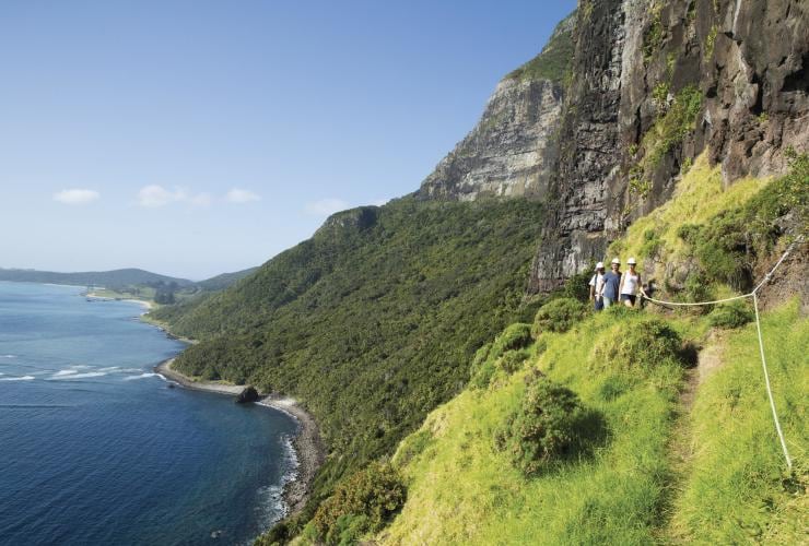 Groupe de randonneurs marchant sur le flanc du Mount Gower avec vue sur la végétation de Lord Howe Island et l'océan bleu voisin, Nouvelle-Galles du Sud © Destination NSW