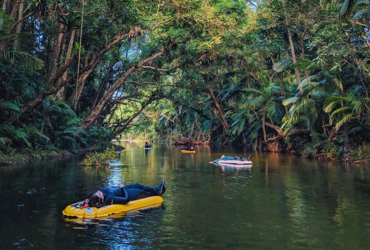 Tur bersnorkel menyusuri sungai melintasi hutan hujan dekat Mossman, Daintree Rainforest, QLD © Back Country Bliss Adventures