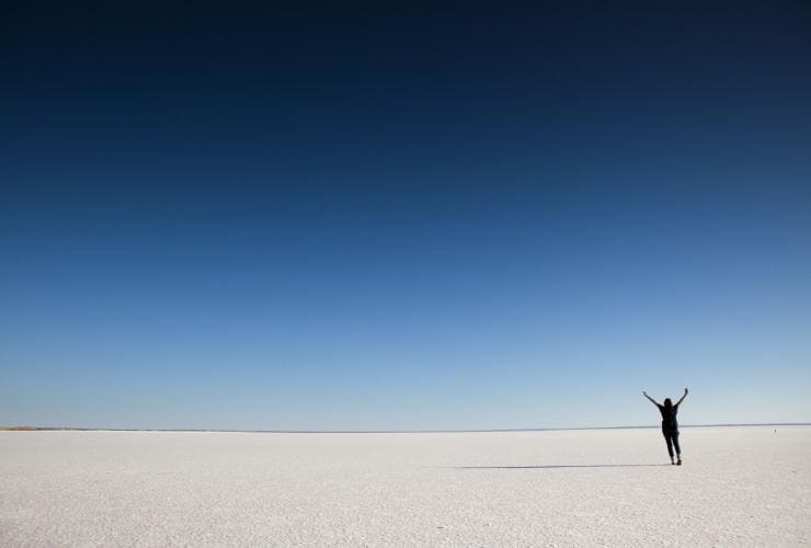 南オーストラリア州のアウトバック、ライトピンクの塩の結晶に覆われたハート湖の湖底で両手を挙げて立つ人物 © FROSAT &amp; Singing Bowl Media