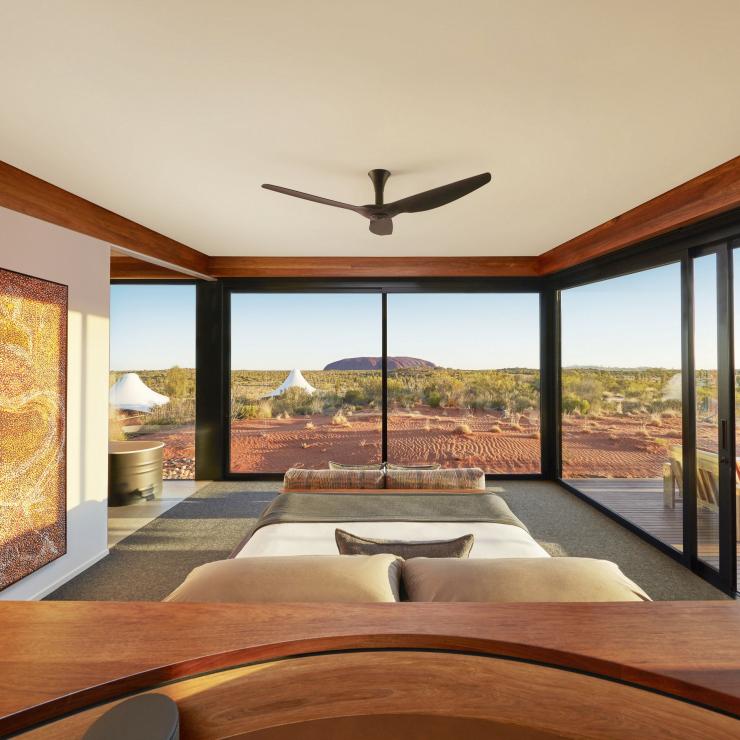 Bedroom with views of Uluru at Longitude 131 hotel © George Apostolidis 