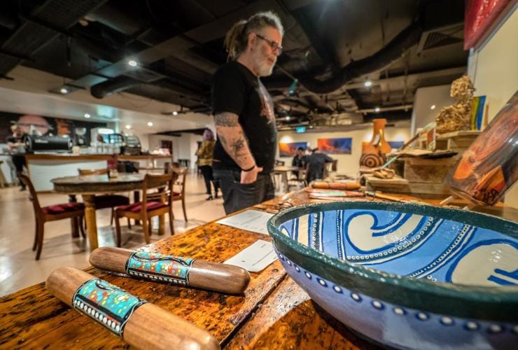 First Nations artworks displayed at Birrunga Gallery and Dining, Brisbane, Queensland © Tourism and Events Queensland