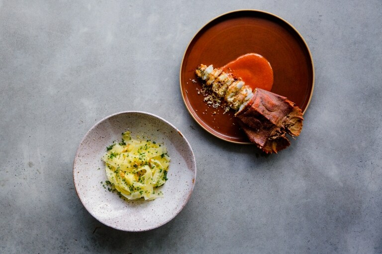 Glazed bay lobster with potato noodles at Pipit Restaurant in Pottsville © Sabine Bannard