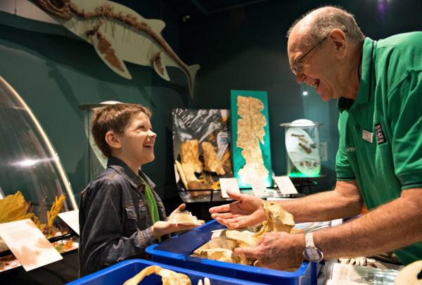 A visitor checks out bones with the help of a volunteer at the Museum and Art Gallery of the Northern Territory © Tourism NT/Shaana McNaught