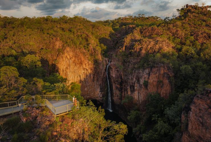 An aerial of Tolmer Falls including the lookouts. Get set for real adventure and to connect with nature at Litchfield National Park. Just over an hour from Darwin, it's every local's favourite day trip with its waterfalls and water holes, bush walks, birds and wildlife. © Tourism NT/Jason Charles Hill