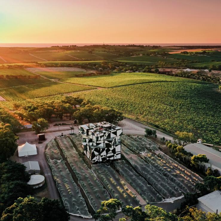 Aerial view over The Cube and d'Arenberg Winery in McLaren Vale © Trent Martin Photography