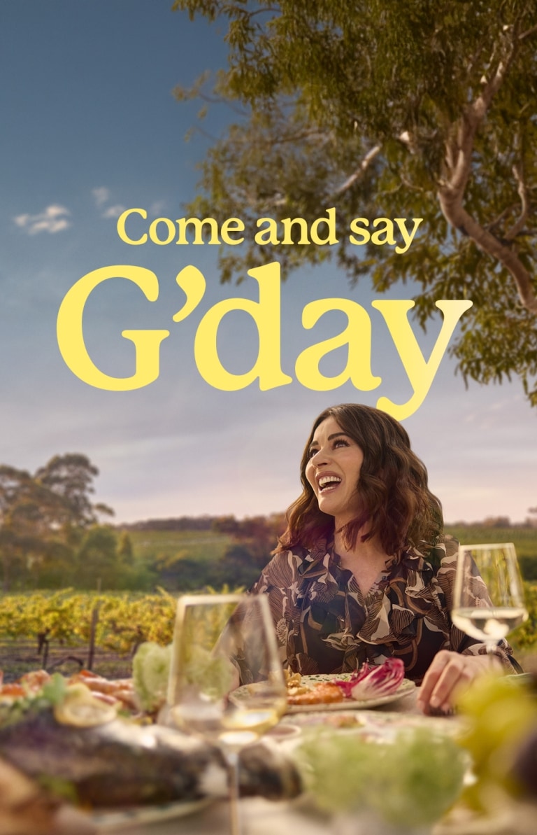 ALT Text: Come and say G'day, Nigella Lawson having lunch amongst the vines at Leeuwin Estate Winery, Margaret River © Tourism Australia