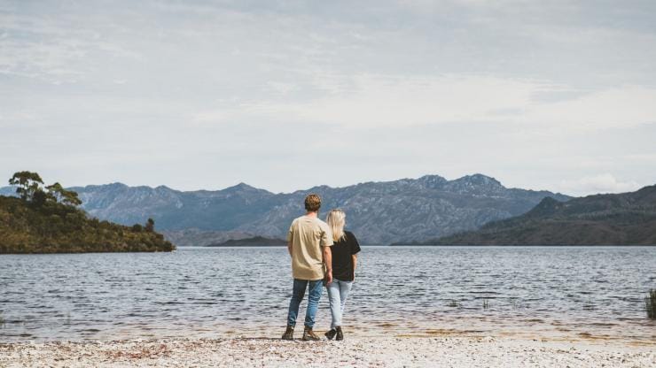 Couple at Lake Pedder, Southwest National Park, TAS © Tourism Tasmania