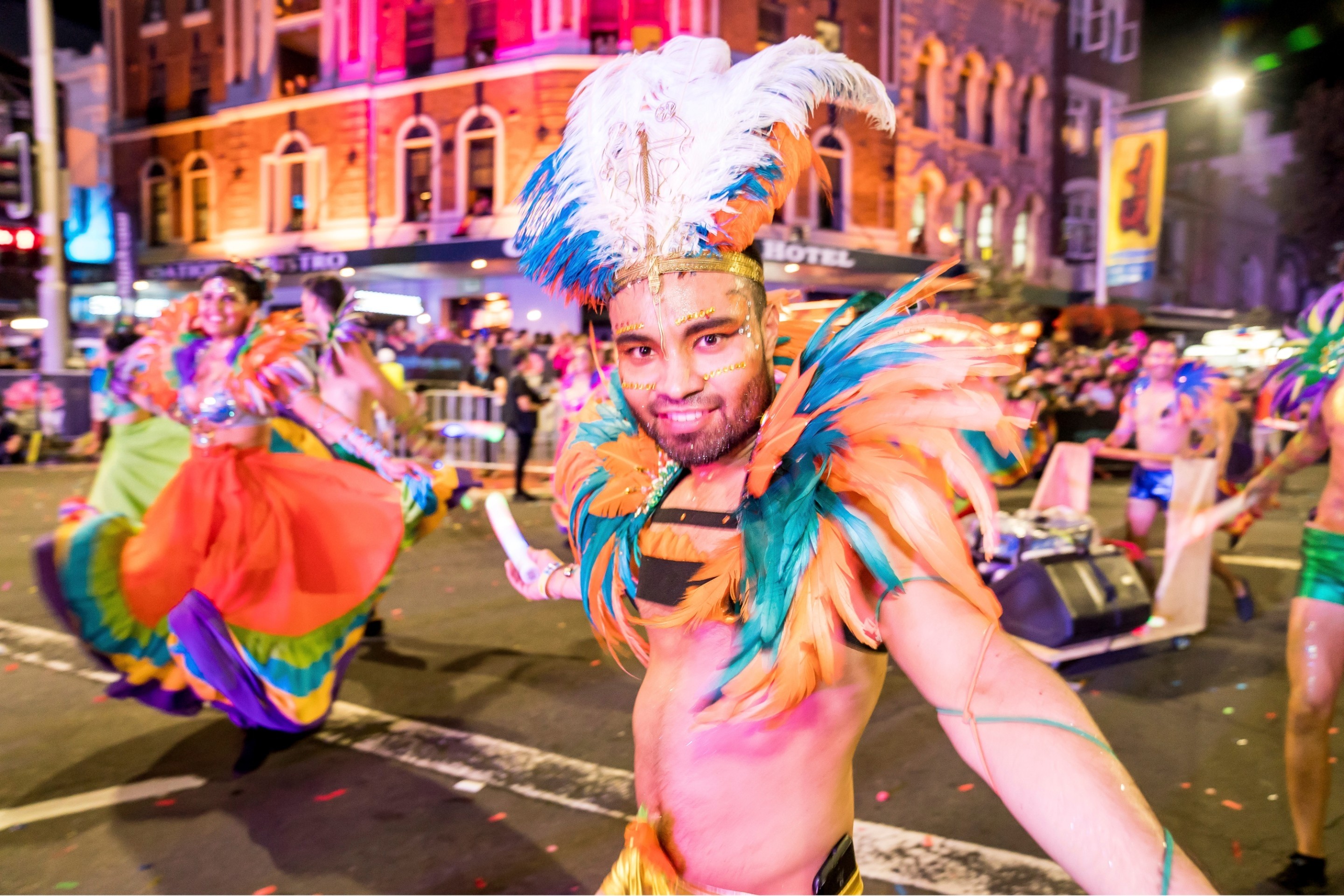 Man in colourful costume in the Mardi Gras parade in Darlinghurst © Jeffrey Feng