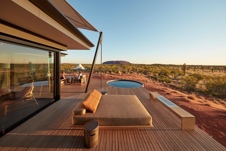 The Dune Pavilion Deck with views of Uluru at Longitude 131 in the Northern Territory © Baillies Longitude 131