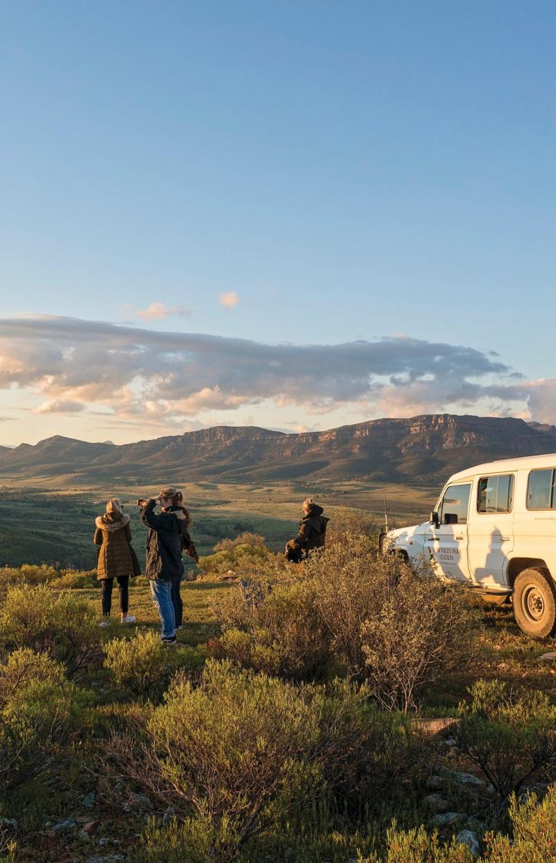 A group of people standing beside a 4WD on a hill overlooking a green outback landscape with distant mountains at Rawnsley Park Station, Flinders Ranges, South Australia © John Montesi 