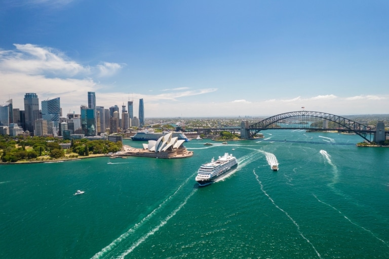 Qantas plane over Sydney Harbour, Sydney, New South Wales © Qantas Airways