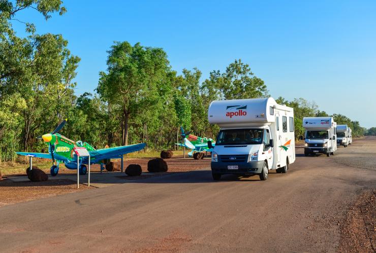 Apollo camper vans drive along the historic Strauss Airfield, Northern Territory © Tourism NT/Steve Strike