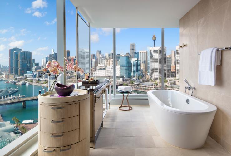 Luxury bathroom with views, SOFITEL Sydney Darling Harbour, Sydney, New South Wales © Sofitel Sydney Darling Harbour