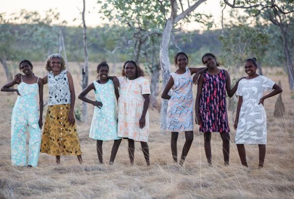 Minyerri women modelling for Magpie Goose on Alawa Country in Northern Territory © Helen Orr