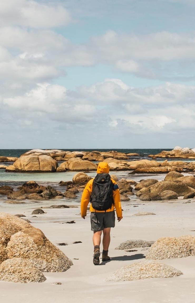 A person walking along a white sand beach with large, orange rocks, wukalina Walk, Bay of Fires, Tasmania © Tayla Gentle