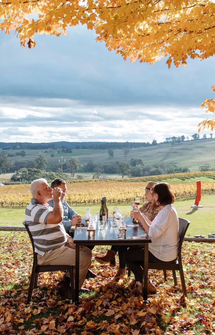 Friends enjoy food and wine at Courabyra Wines, Tumbarumba, New South Wales © Destination NSW