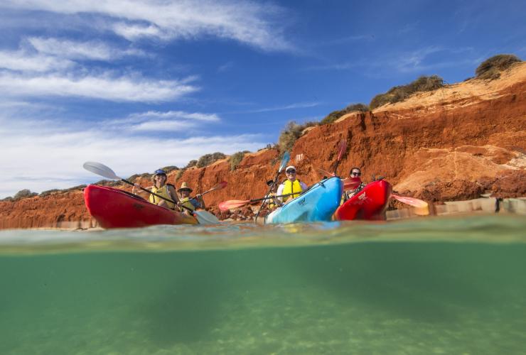 Tour group enjoys a kayaking trip with Wula Gura Nyinda Eco Cultural Adventures in Shark Bay © Tourism Western Australia
