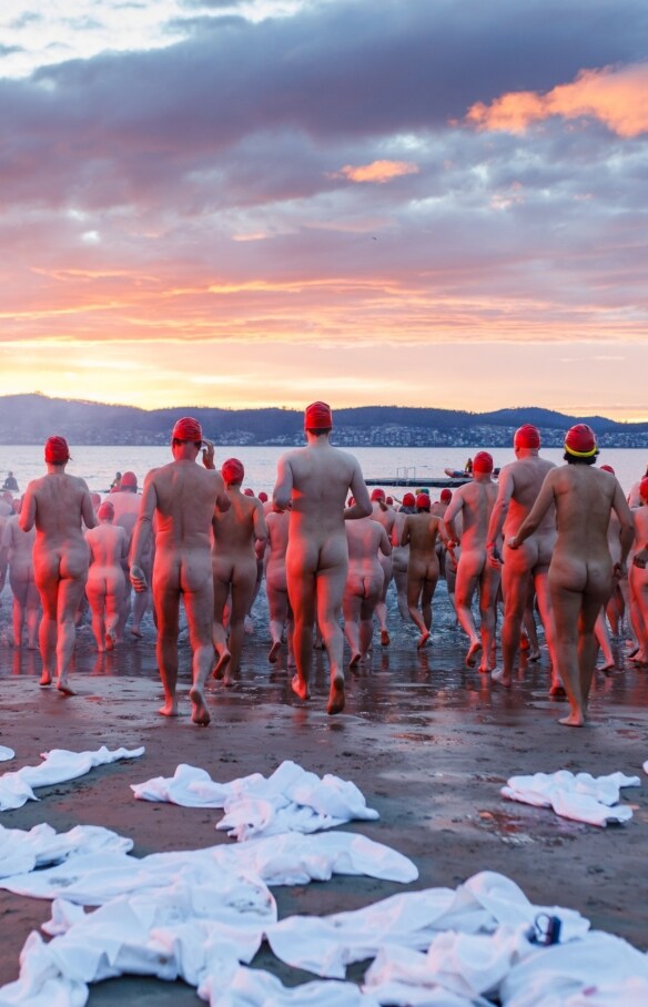  Swimmers on the beach for the Nude Solstice Swim in Hobart © Dark Mofo/Jesse Hunniford