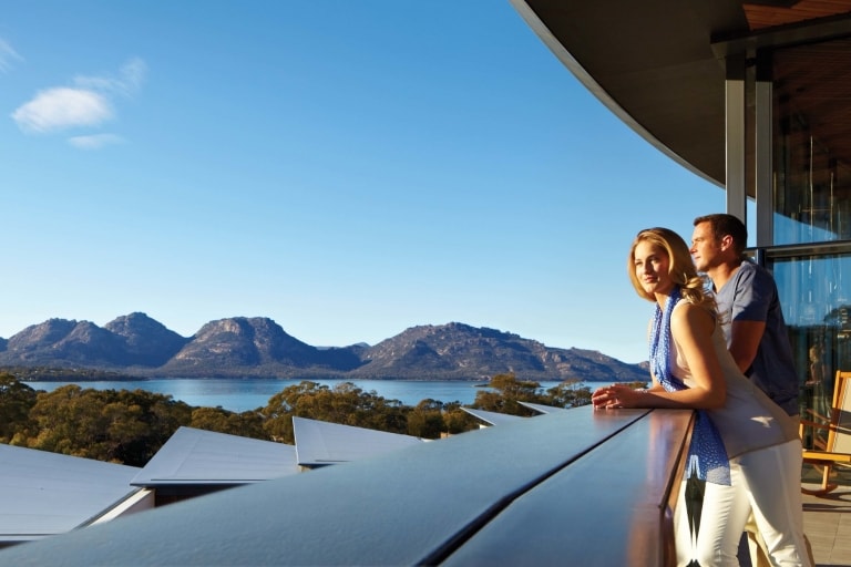  Couple admiring the view over Freycinet National Park from Saffire Freycinet © Saffire Freycinet
