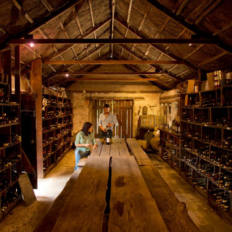 Two people enjoying a wine tasting in a wine cellar at Brand's Laira, Coonawarra, Adelaide, South Australia © Adam Bruzzone