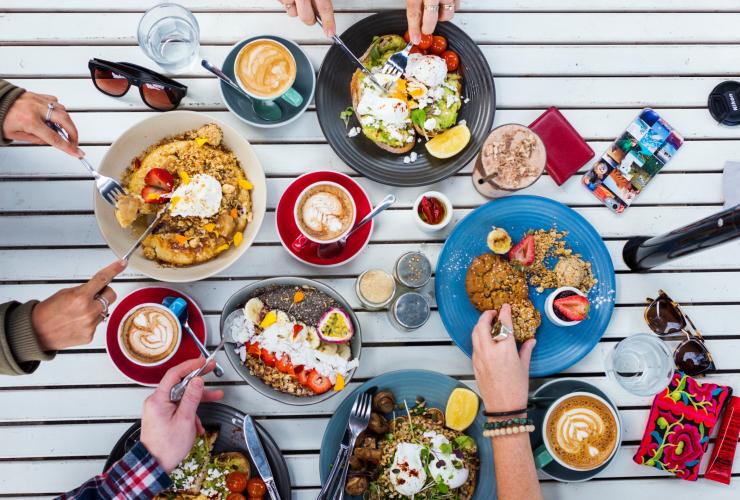 Flatlay of vegetarian dishes available from The Hungry Monkey cafe in Kiama © Lauren Bath