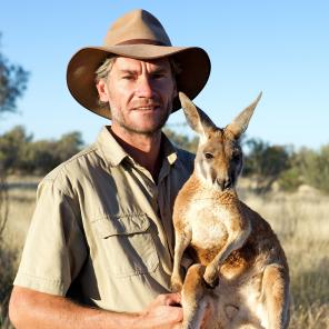 Brolga holding young male kangaroo, The Kangaroo Sanctuary, Alice Springs, NT © Tourism Australia