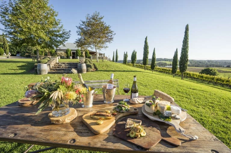 Pique-nique sur la pelouse de Cupitt's Winery avec du vin et de la nourriture © Destination NSW