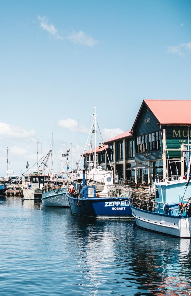 Perahu biru mengapung di perairan tenang Hobart Harbour di Hobart, Tasmania © Adam Gibson