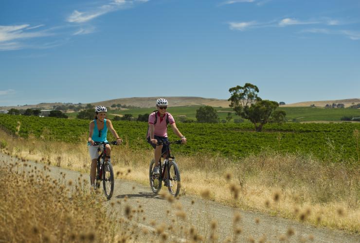 Due persone in bicicletta lungo il Riesling Trail nella Clare Valley, Adelaide, South Australia © Mike Annese