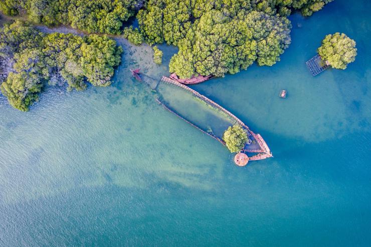 Vista aerea del relitto di una nave affondata vicino a Garden Island © Michael Waterhouse