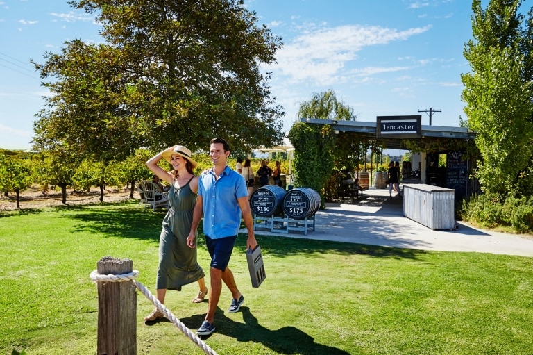 スワン・バレーのワイン産地でのガイド付きブドウ園ツアーに参加中のカップル © Tourism Western Australia