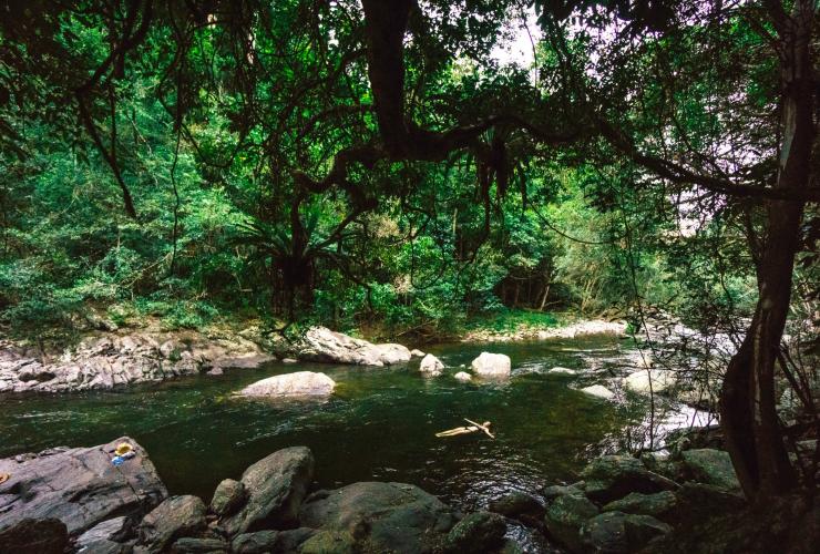 クイーンズランド州のデインツリー国立公園内のモスマン渓谷にあるロックプールで泳ぐ女性 © Tourism Tropical North Queensland