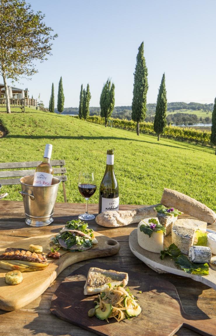 큐핏츠 와이너리 잔디밭에 차려져 있는 와인과 음식 피크닉 테이블 © 뉴 사우스 웨일즈주 관광청