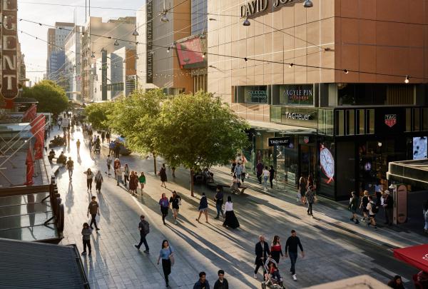 Aerial view of a pedestrian-only street, Rundle Mall, Adelaide, South Australia © South Australian Tourism Commission