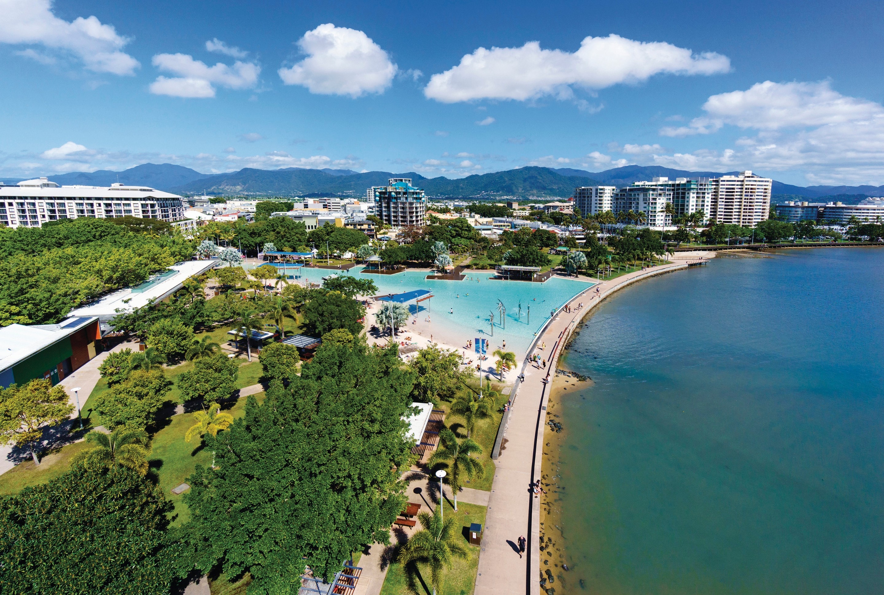 Aerial view of Cairns esplanade and lagoon © Tourism and Events Queensland