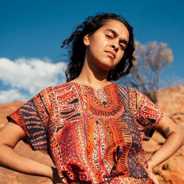 Model wears Murdie’s Two Dogs Dreaming boxy top by North in Darwin © North 