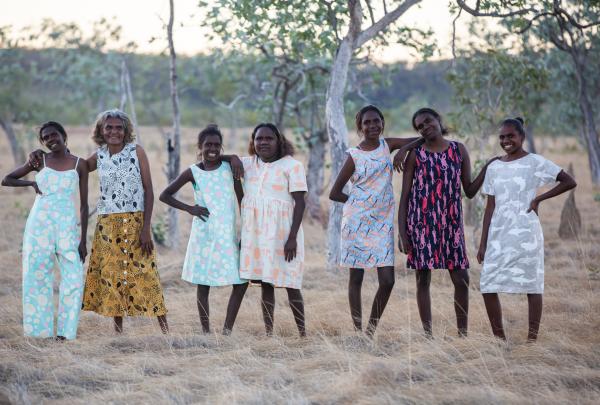 Minyerri women modelling for Magpie Goose on Alawa Country in Northern Territory © Helen Orr