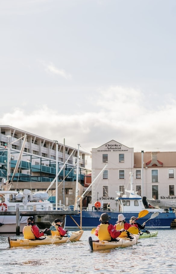 Một nhóm người chèo thuyền kayak màu vàng giữa các du thuyền tại bến cảng cùng Roaring 40s Kayaking ở thành phố Hobart, tiểu bang Tasmania © Tourism Australia