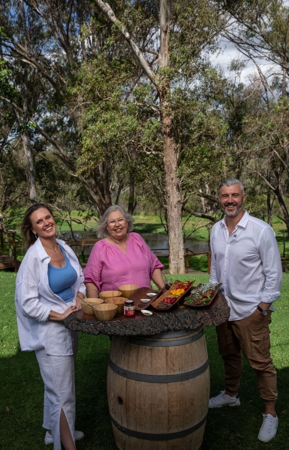 Dale Tilbrook, Steven Whiteside and Donna Fortune, tasting native edibles at Maalinup, Caversham, Perth, Western Australia © Tourism Australia