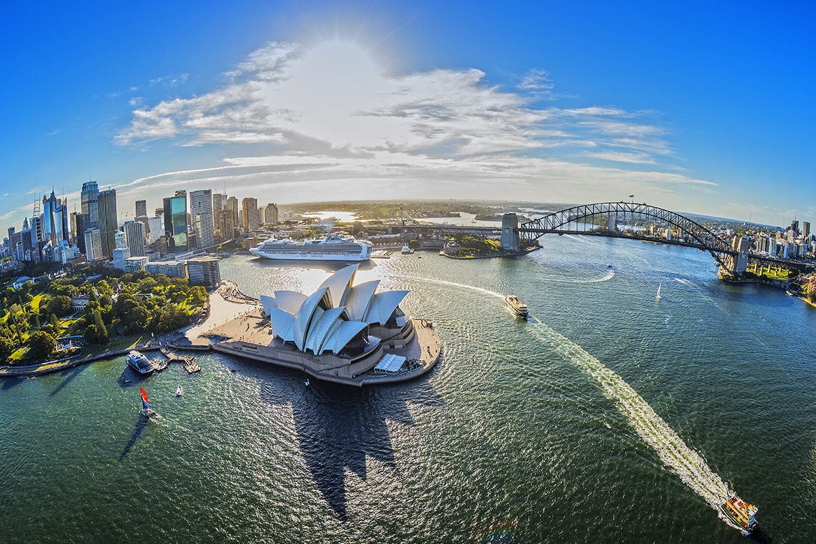 Aerial of Sydney harbour Opera House and Sydney Harbour Bridge © Destination NSW
