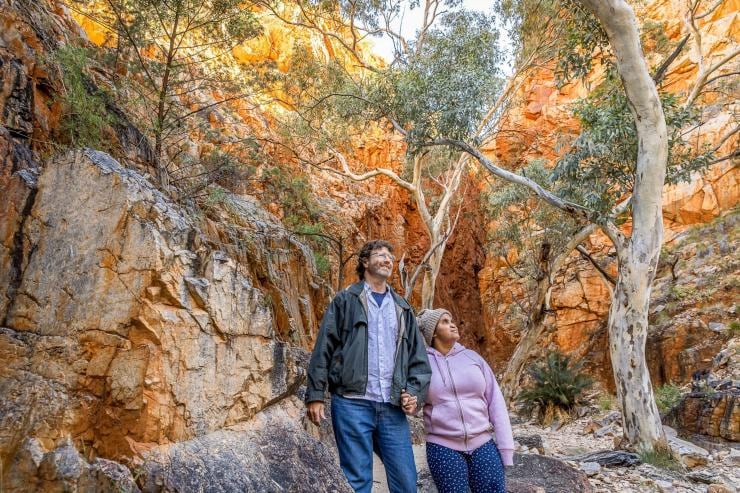 Eine Frau mit einer neurologischen Behinderung und ein Mann blicken in der Schlucht Standley Chasm nach oben, West MacDonnell Ranges, Northern Territory © Tourism NT/Helen Orr