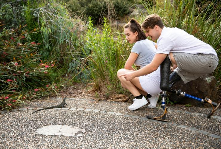 Ein Mann mit Mobilitätshilfen und eine Frau betrachten eine Eidechse in den National Botanic Gardens, Canberra, Australian Capital Territory © Tourism Australia