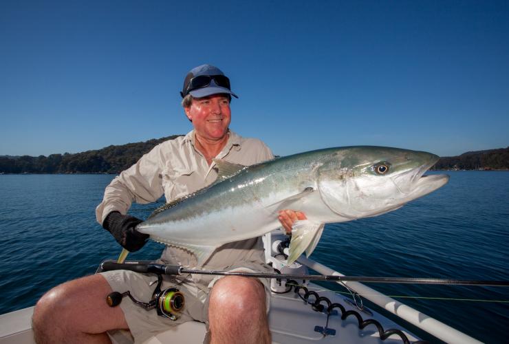 Ein Fischer sitzt in einem Boot und hält eine große Gelbschwanzmakrele, Sydney Flyfishing Tours, Sydney, New South Wales © Sydney Flyfishing Tours