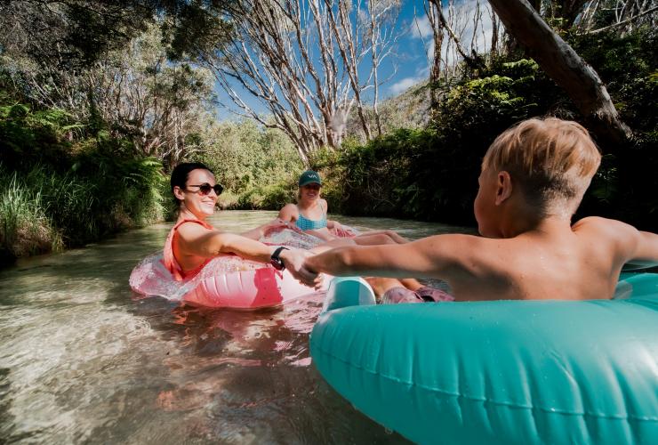 Eine Familie hält sich an den Händen, während sie sich auf aufblasbaren Reifen auf dem klaren Wasser der Eli Creek unter den Bäumen des nahegelegenen Kingfisher Bay Resort treiben lässt, K'gari, Queensland © Tourism and Events Queensland