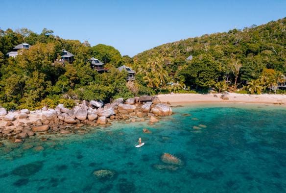 Eine Person steht auf einem Stand-up-Paddelboard im klaren blauen Wasser mit weißen Sandstränden und üppig grünem Regenwald dahinter auf Bedarra Island, Queensland © James Vodicka